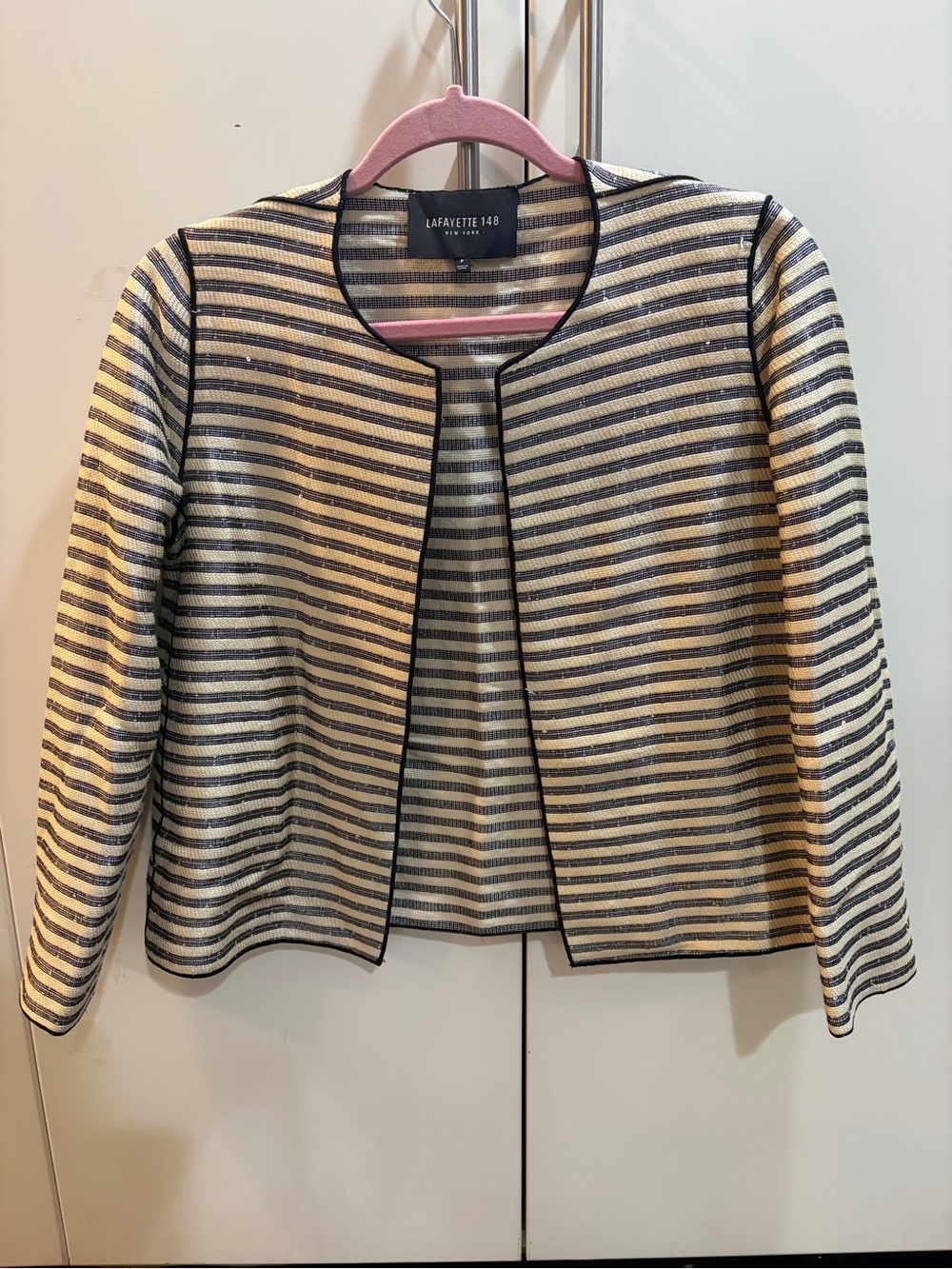 Lafayette 148 New York Navy and Cream Striped Collarless Jacket